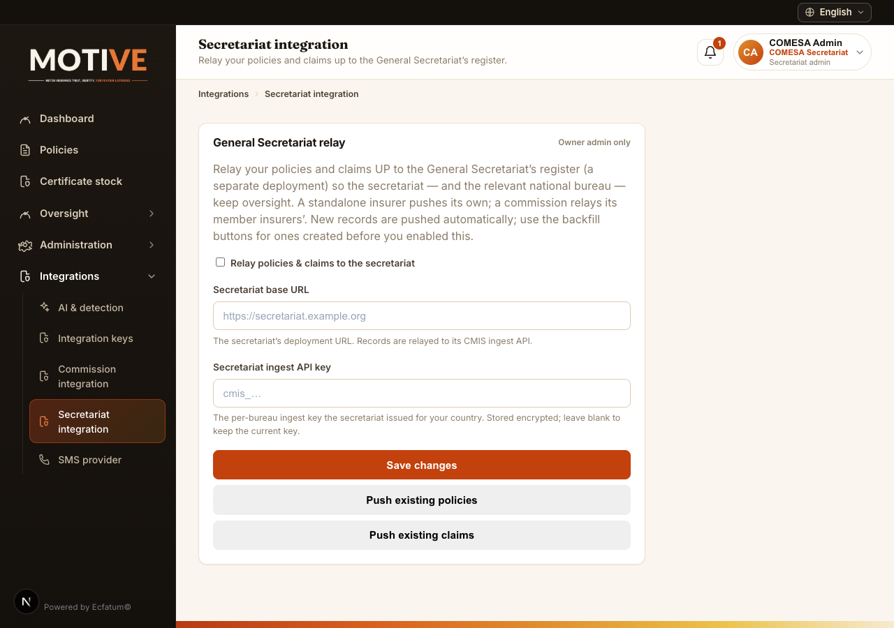 The Secretariat integration screen with base URL, ingest key and backfill buttons